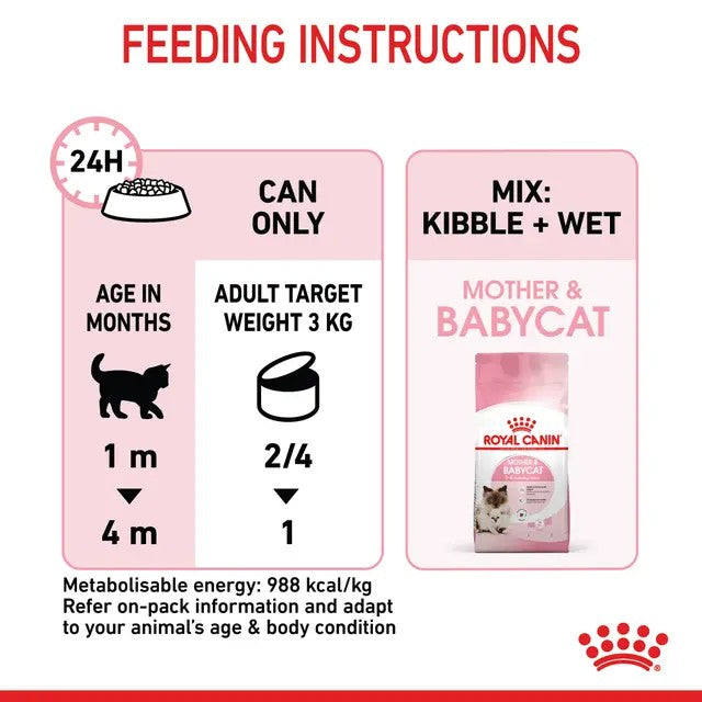 Royal Canin feeding instructions for kittens on a pink background