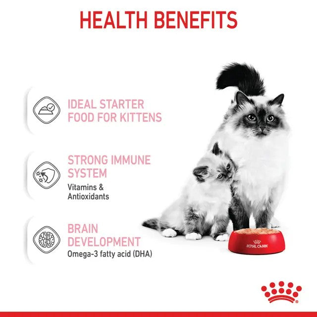 Advertisement for Royal Canin cat food with text about health benefits and a cat and kitten sitting next to a bowl.