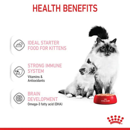 Advertisement for Royal Canin cat food with text about health benefits and a cat and kitten sitting next to a bowl.