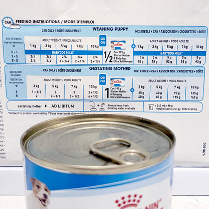 Royal Canin Mother and Baby Dog food can with feeding instructions on a white background
