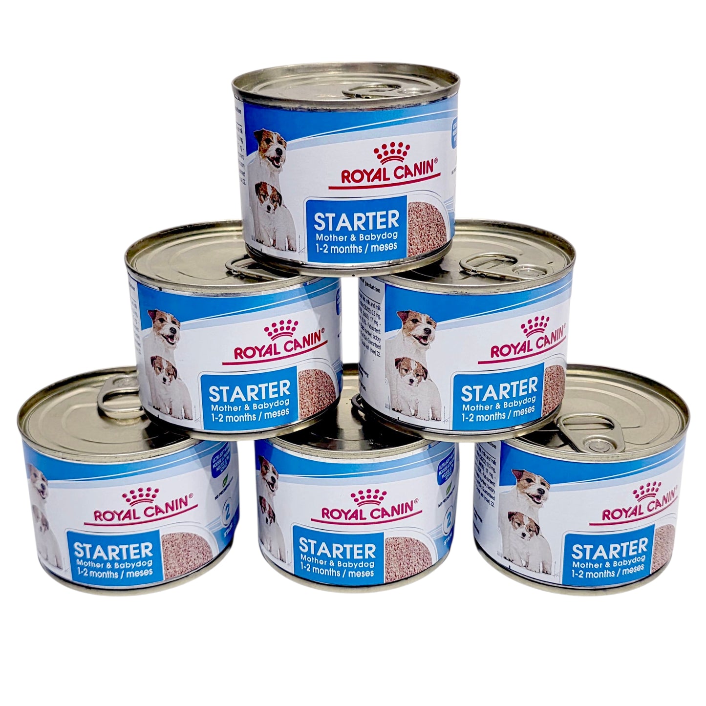 Stack of Royal Canin Starter baby food cans on a white background