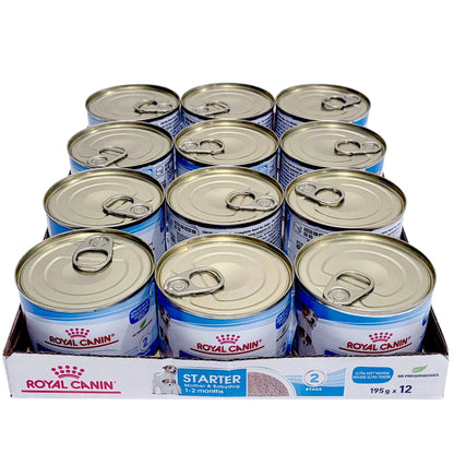 Box of Royal Canin Starter Mother & Babydog canned dog food with multiple cans.