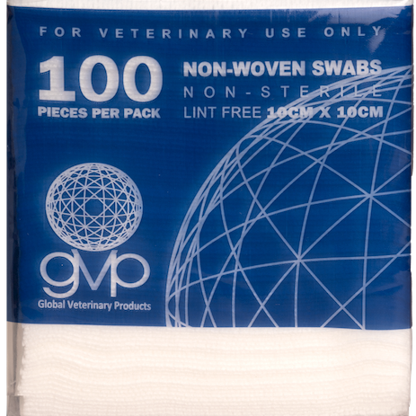 Pack of 100 non-woven swabs for veterinary use by Global Veterinary Products.