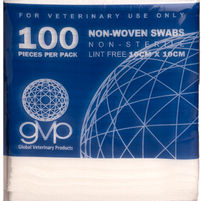 Pack of 100 non-woven swabs for veterinary use by Global Veterinary Products.