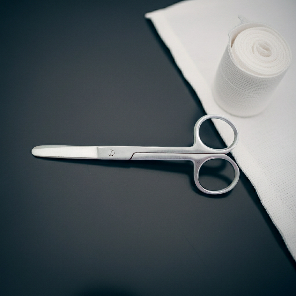 White scissors on a dark surface with white bandage roll