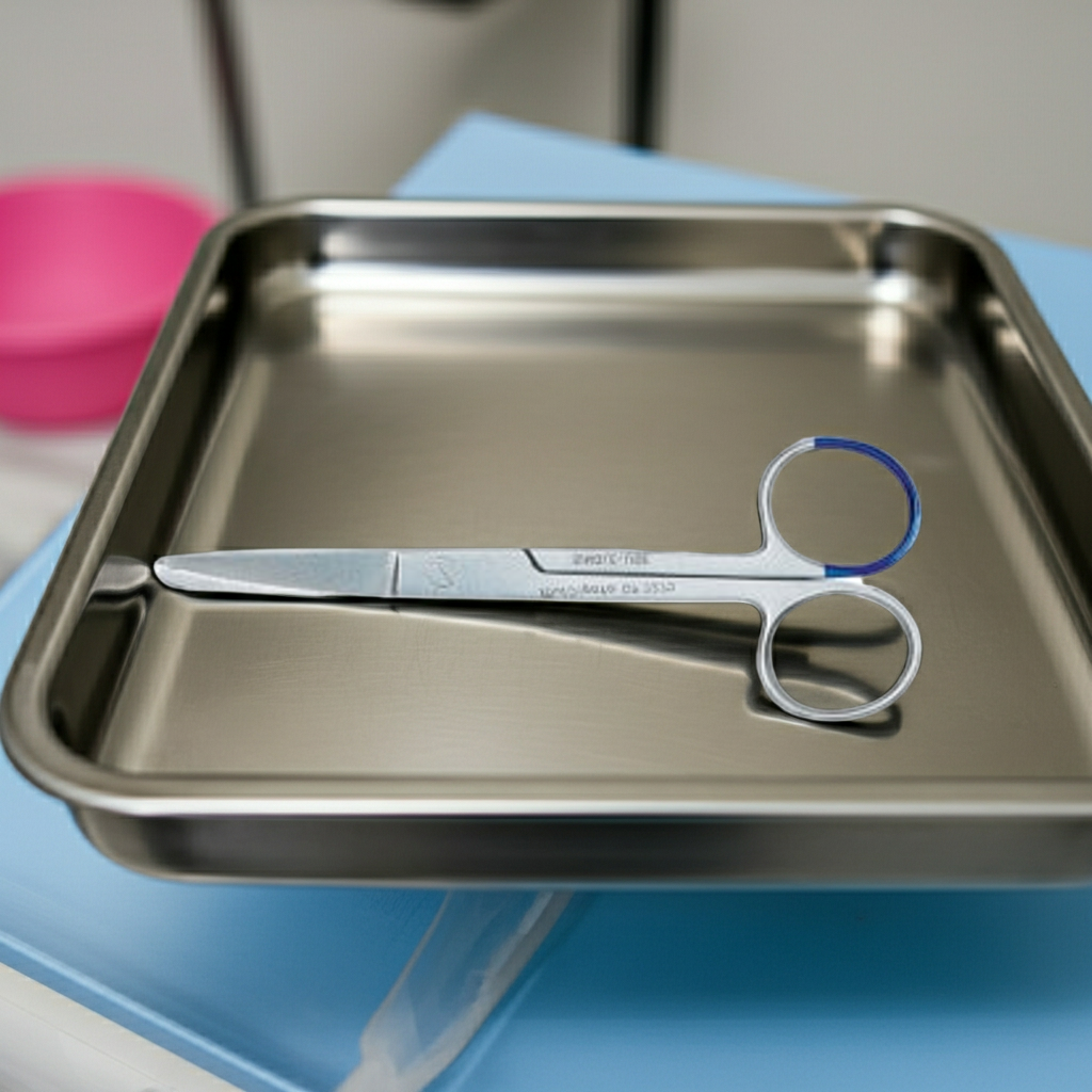 Scissors blunt blunt curved on a metal tray with a blurred background