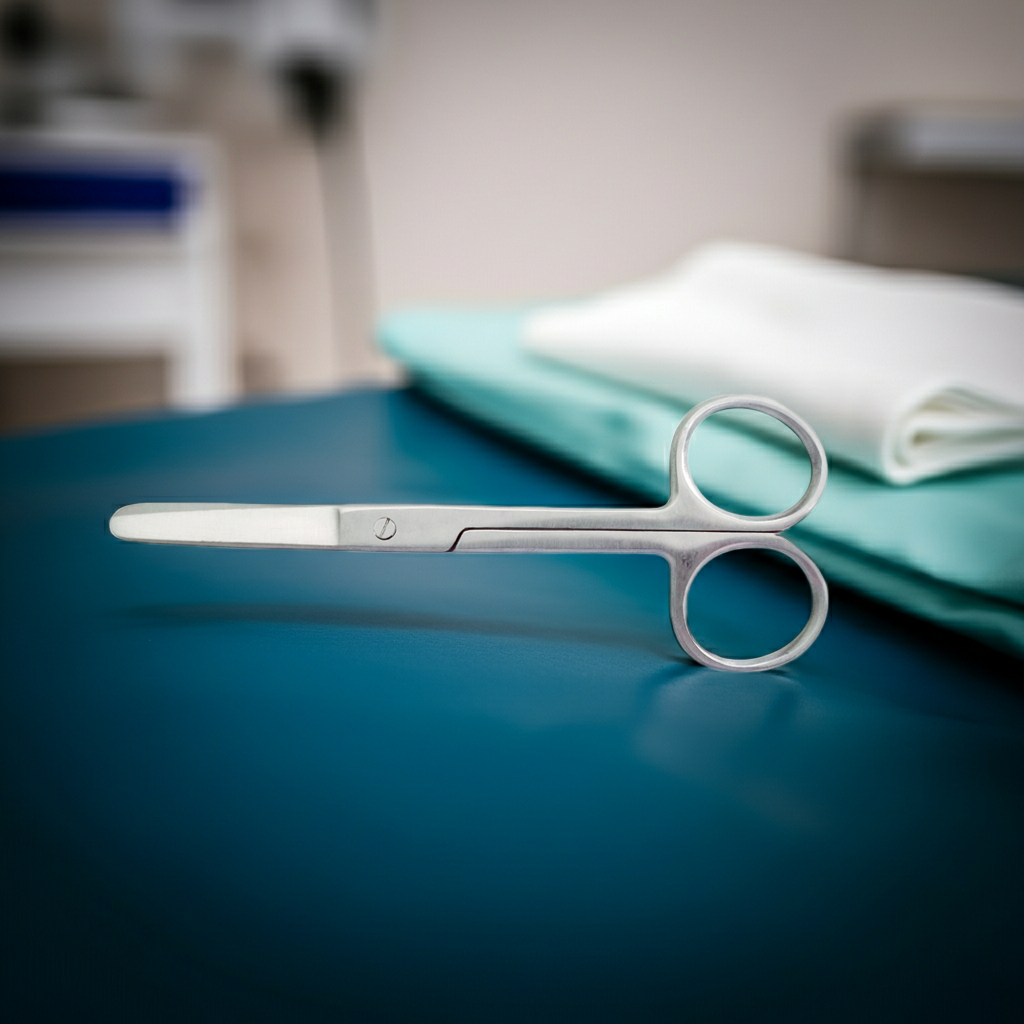 Pair of silver scissors on a blue surface with medical equipment in the background