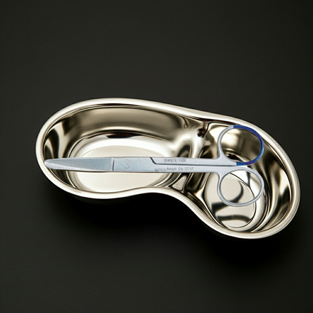 Sharp blunt scissors on a stainless steel kidny dish on a black background