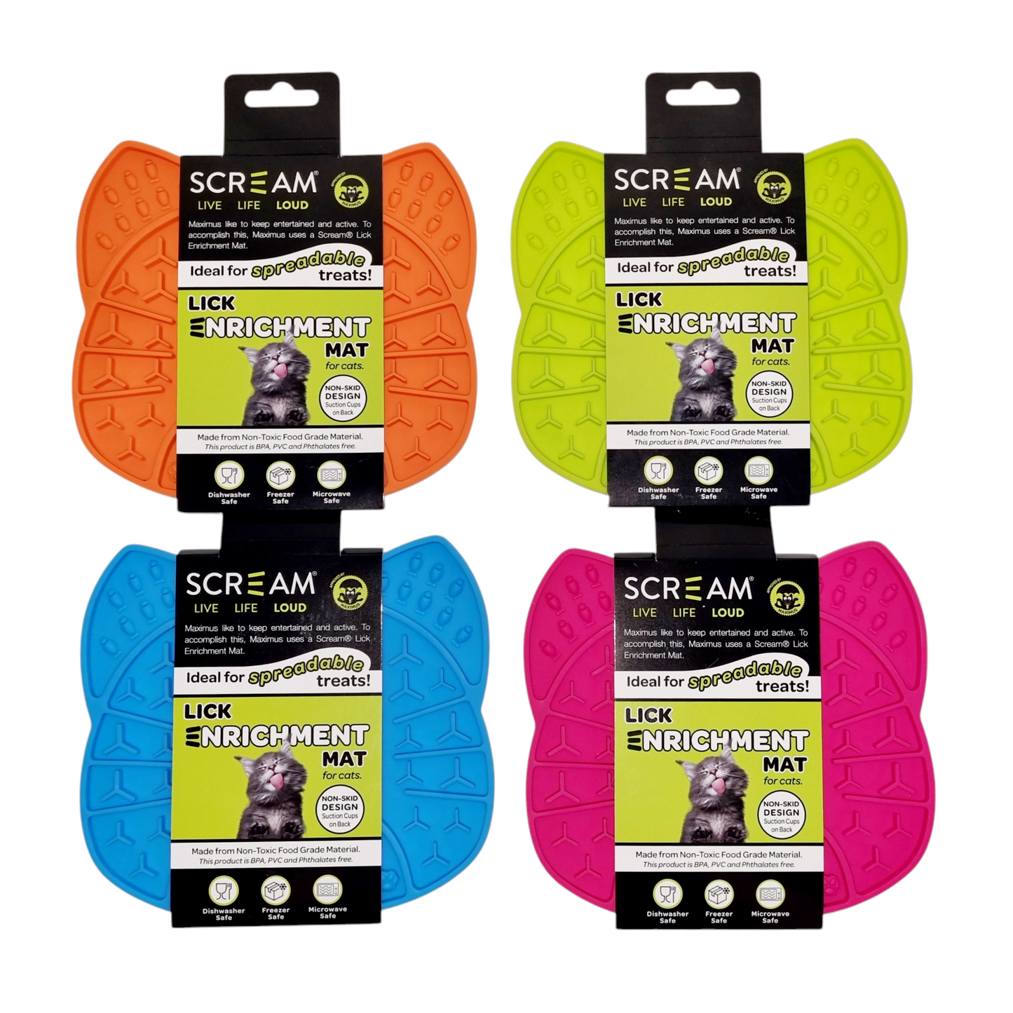 Four Scream Lick Enrichment Cat toys on a white background