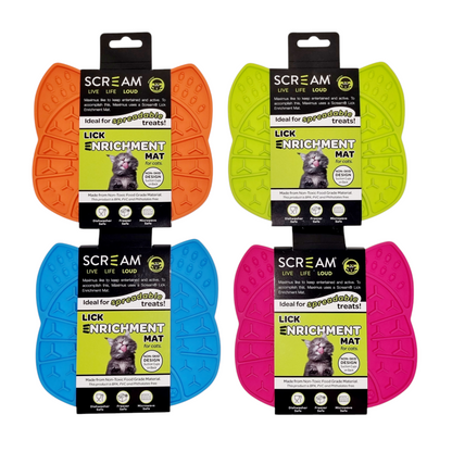 Four Scream Lick Enrichment Cat toys on a white background