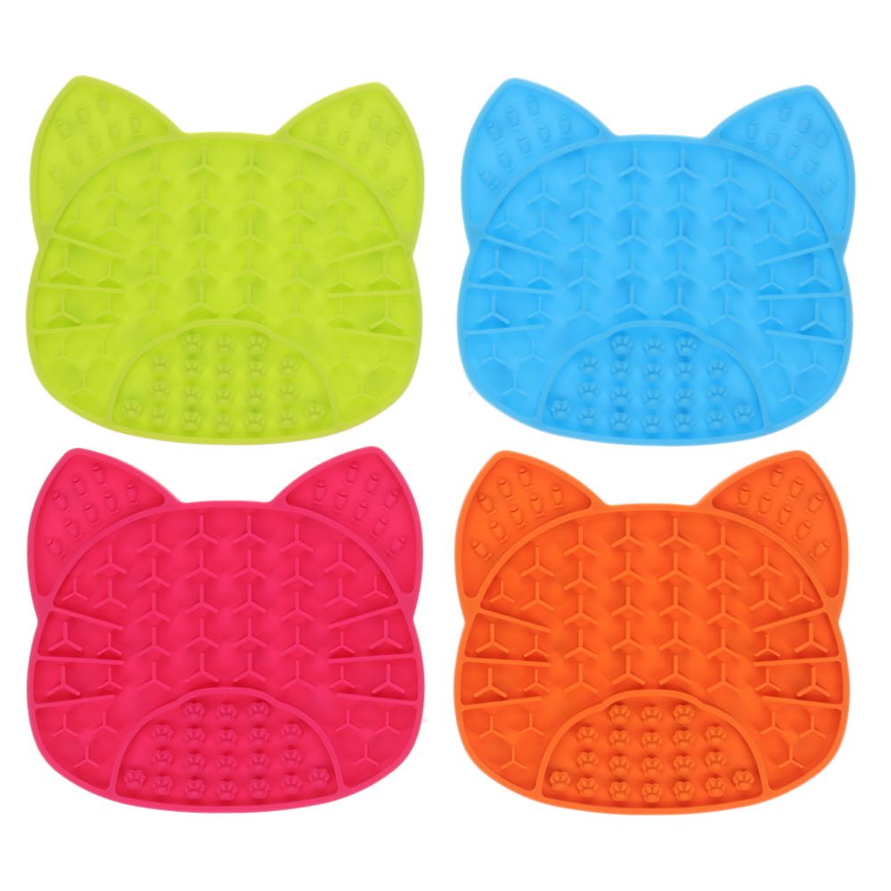 Four cat-shaped textured silicone pads in lime green, light blue, hot pink, and orange, arranged in a 2x2 grid on a white background.