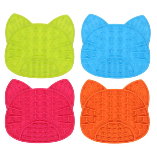 Four cat-shaped textured silicone pads in lime green, light blue, hot pink, and orange, arranged in a 2x2 grid on a white background.