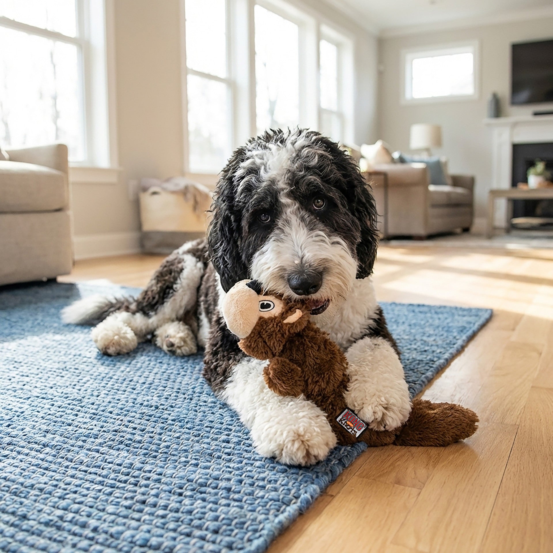 Dog lying on a blue rug holding a KONG Scrunch Knots Squirrel toy in a living room.
