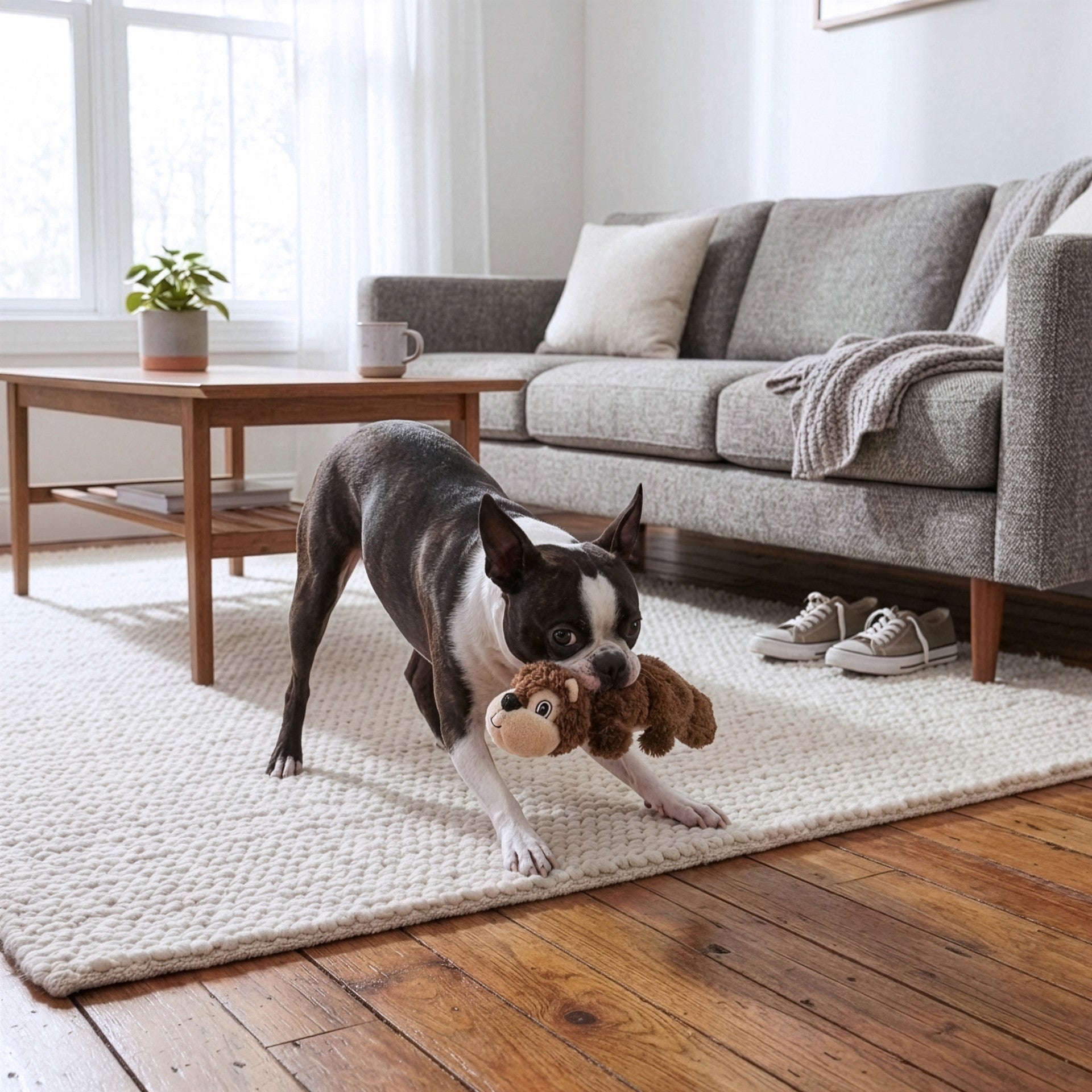 Dog playing with a KONG Scrunch Knots Squirrel toy on a rug in a living room