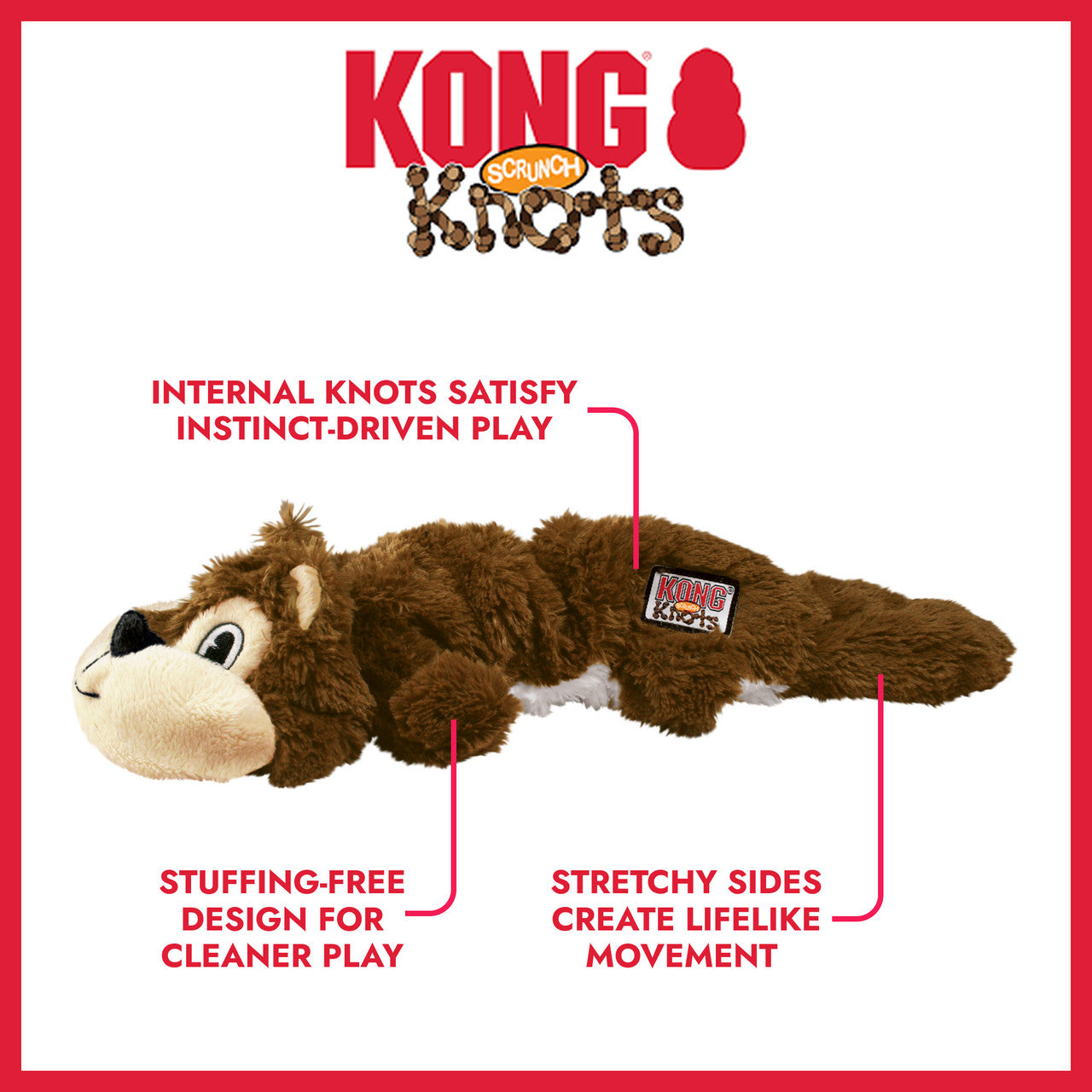 KONG Scrunch Knots Squirrel dog toy with features highlighted on a red background