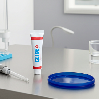 Glide Lubricant tube on a stainless steel bench