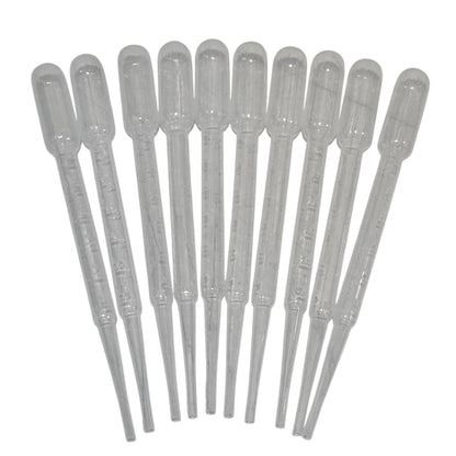Set of 10 clear plastic pipettes on a white background
