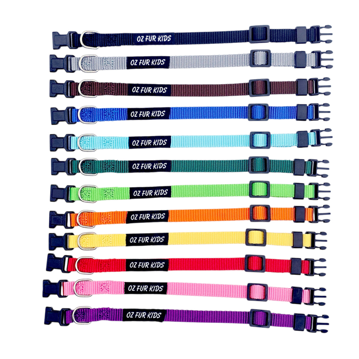 Set of 13 Oz Fur Kids Puppy ID Collars in solid colours on a white background
