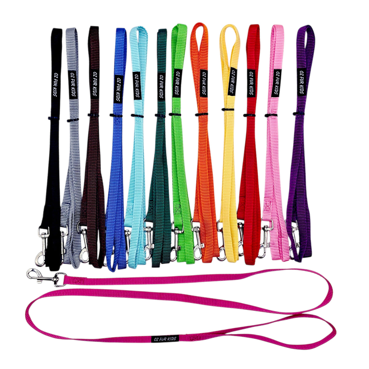 Set of 13 Oz Fur Kids Puppy ID Leads in solid colours on a white background