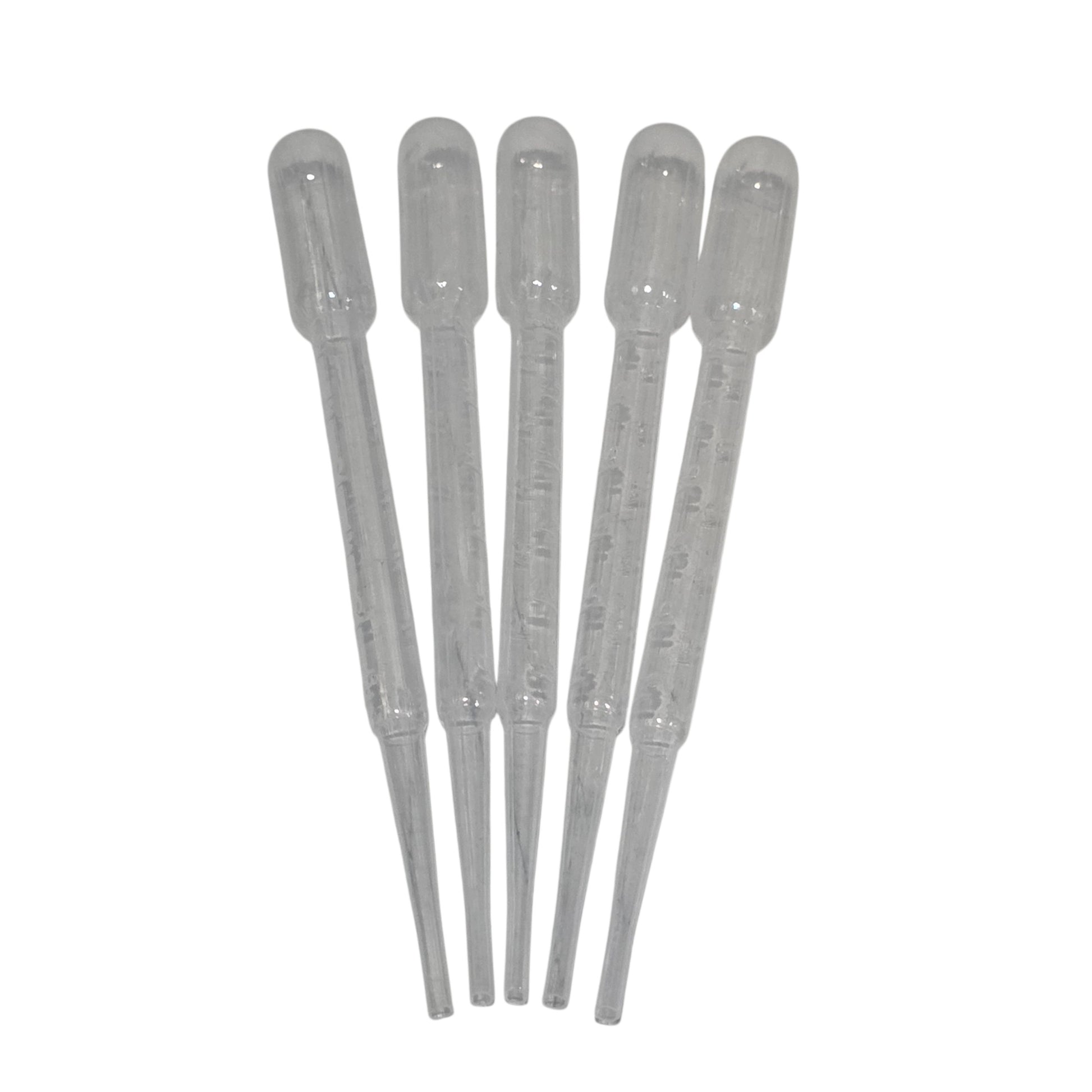 Set of five clear pipettes on a white background