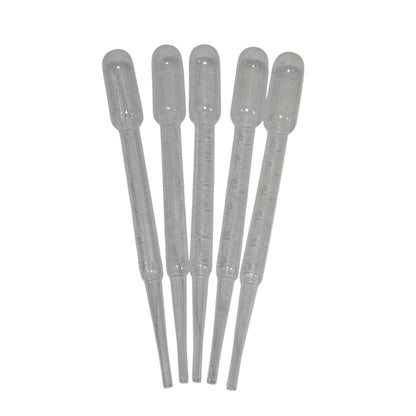 Set of five clear pipettes on a white background