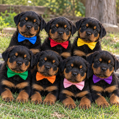 Seven Rottweiler puppies sitting together outdoors on green grass, each wearing a different bright bow tie in blue, red, yellow, green, orange, pink, and purple.