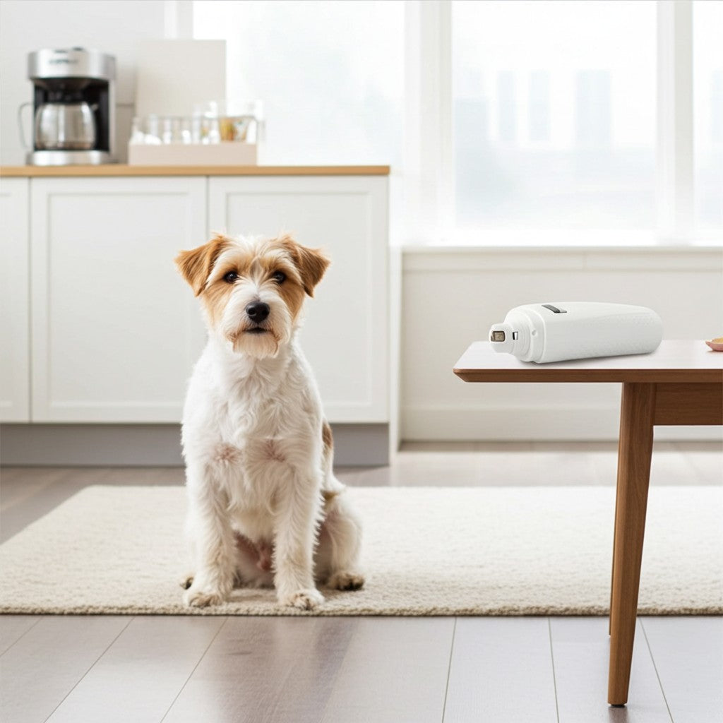 Dog sitting on a rug in a modern kitchen with Shear Magic Nail Grinder for Pets on a table in the foreground.