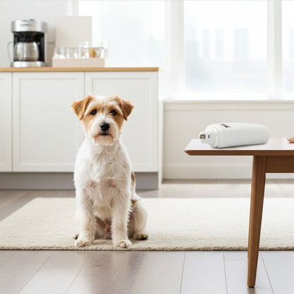 Dog sitting on a rug in a modern kitchen with Shear Magic Nail Grinder for Pets on a table in the foreground.