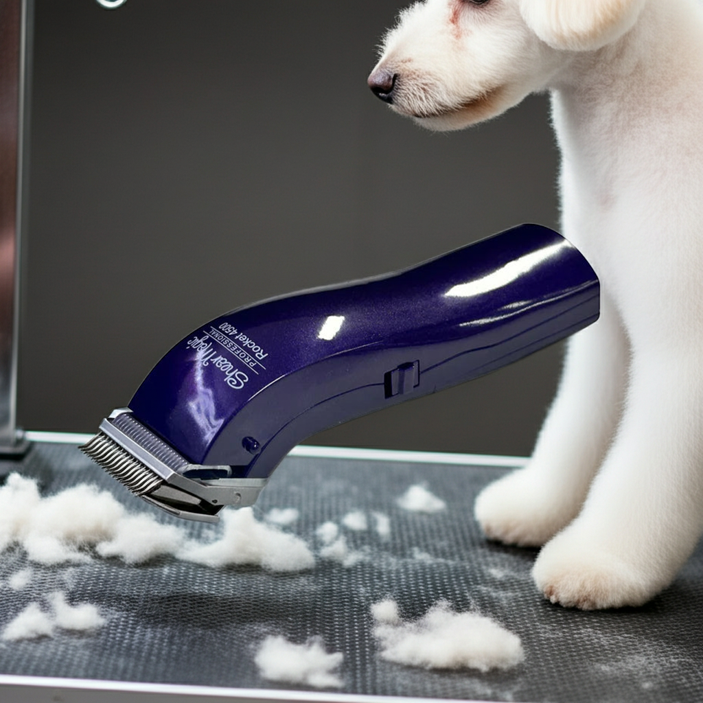 Shear magic battery operated trimmer with a dog on the grooming table