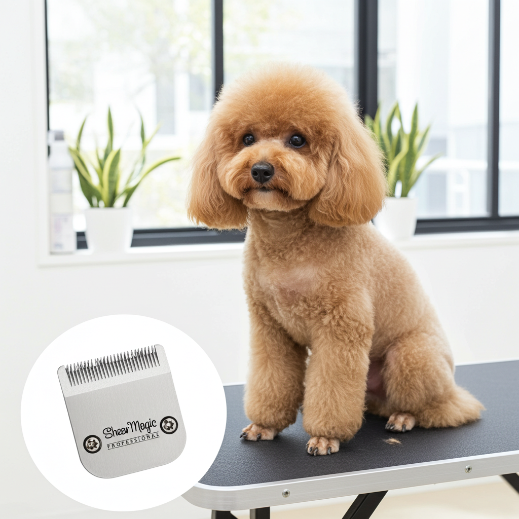 A small tan poodle sits on a grooming table in a bright indoor setting with windows and potted plants in the background. A circular inset shows a silver pet clipper labeled 'SheaMagic Professional' on the table.