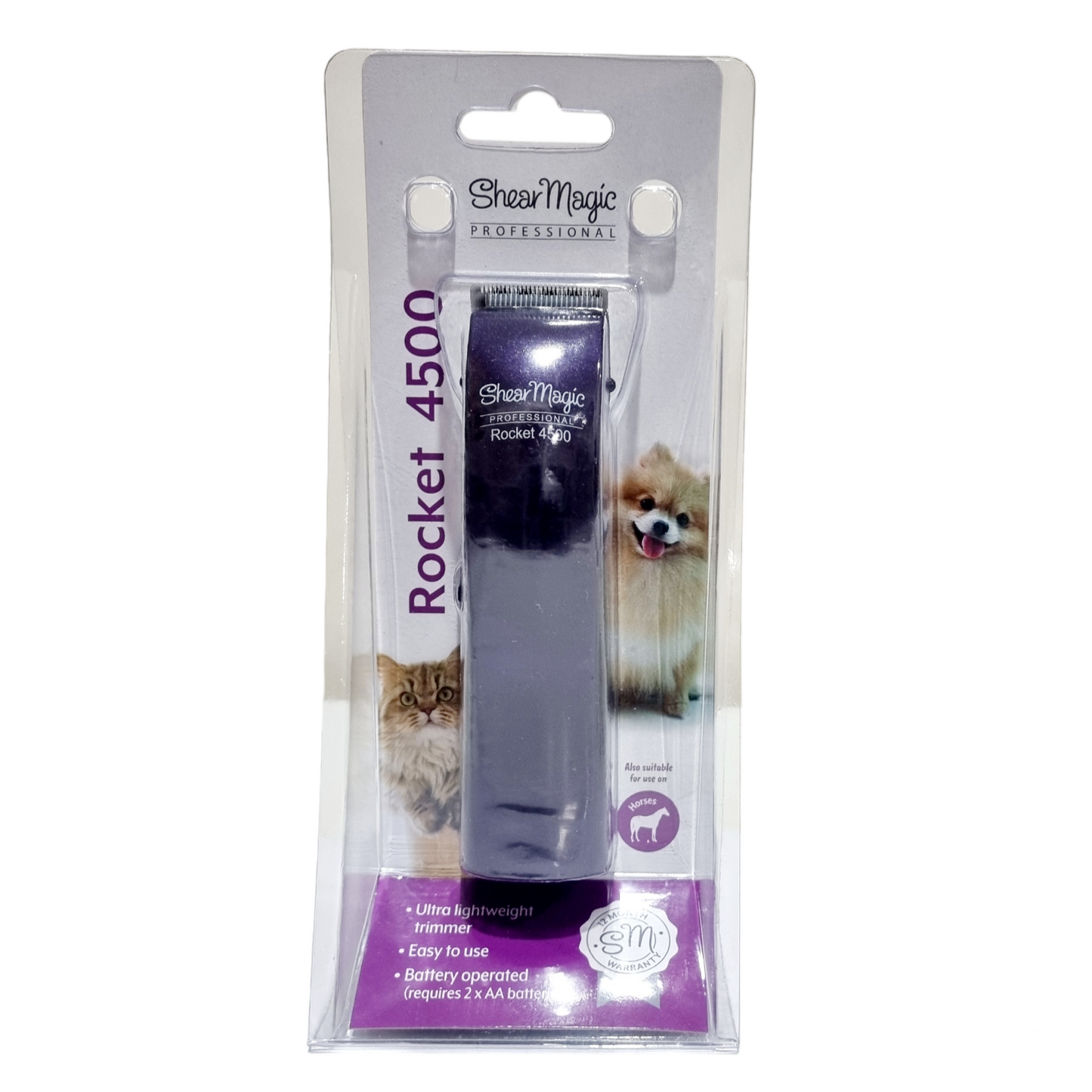 Battery operated Sher Magic pet hair trimmer in packaging, with brand and product information displayed.