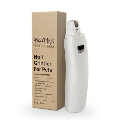 White Shear Magic pet nail grinder with cardboard box on a white background