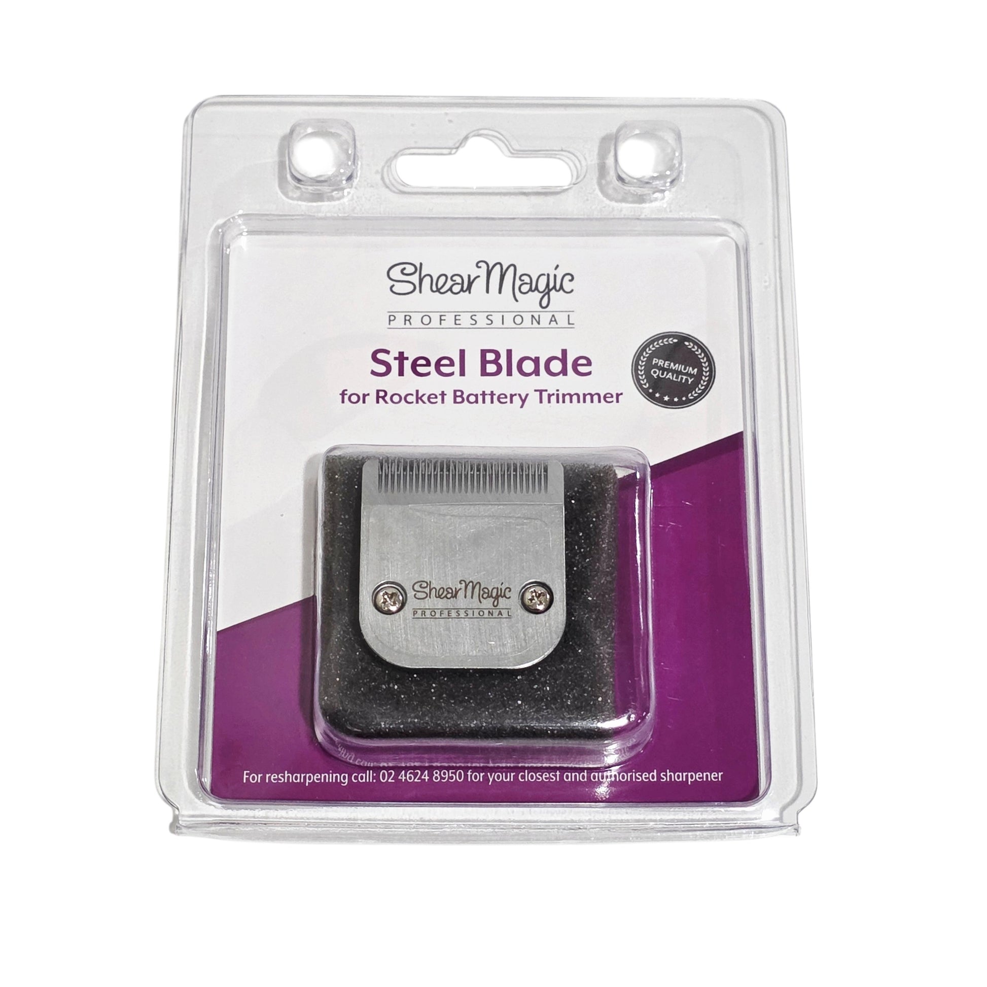ShearMagic Professional Steel Blade for Rocket Battery Trimmer, packaged in a clear plastic blister pack with a white and purple backing card.