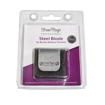 ShearMagic Professional Steel Blade for Rocket Battery Trimmer, packaged in a clear plastic blister pack with a white and purple backing card.