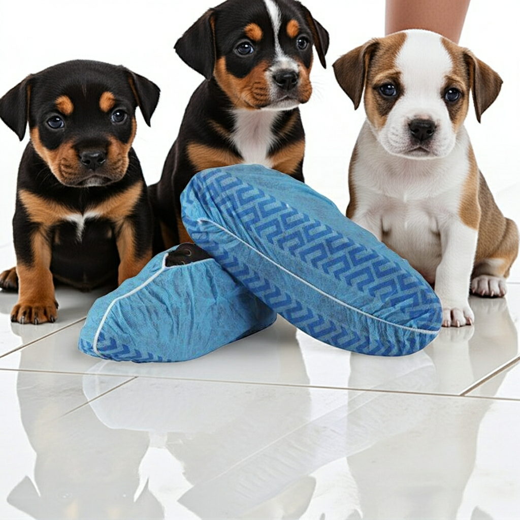 A pair of blue shoe covers with a non-slip sole, featuring a geometric pattern with three puppies.