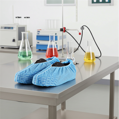 A pair of blue shoe covers with a non-slip sole in a laboratry