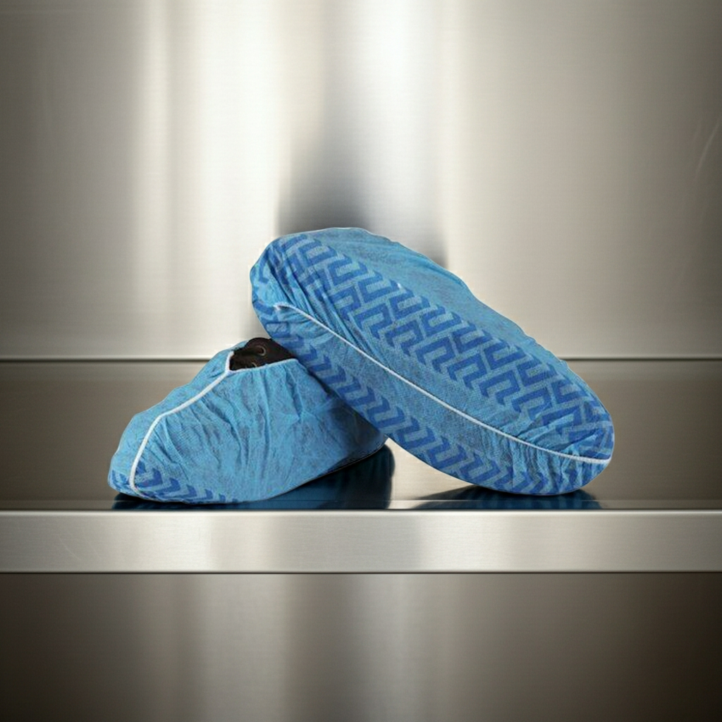 A pair of blue shoe covers with a non-slip sole, featuring a geometric pattern on a steel bench