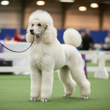 White poodle at a dog show on a green carpet 