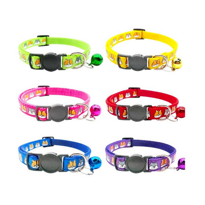 Set of colorful cat collars with cartoon designs on a white background