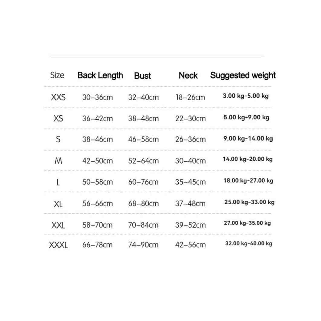 A size chart table showing measurements for sizes XXS through XXXL, with columns for Back Length, Bust, Neck, and Suggested weight in both centimeters and kilograms.