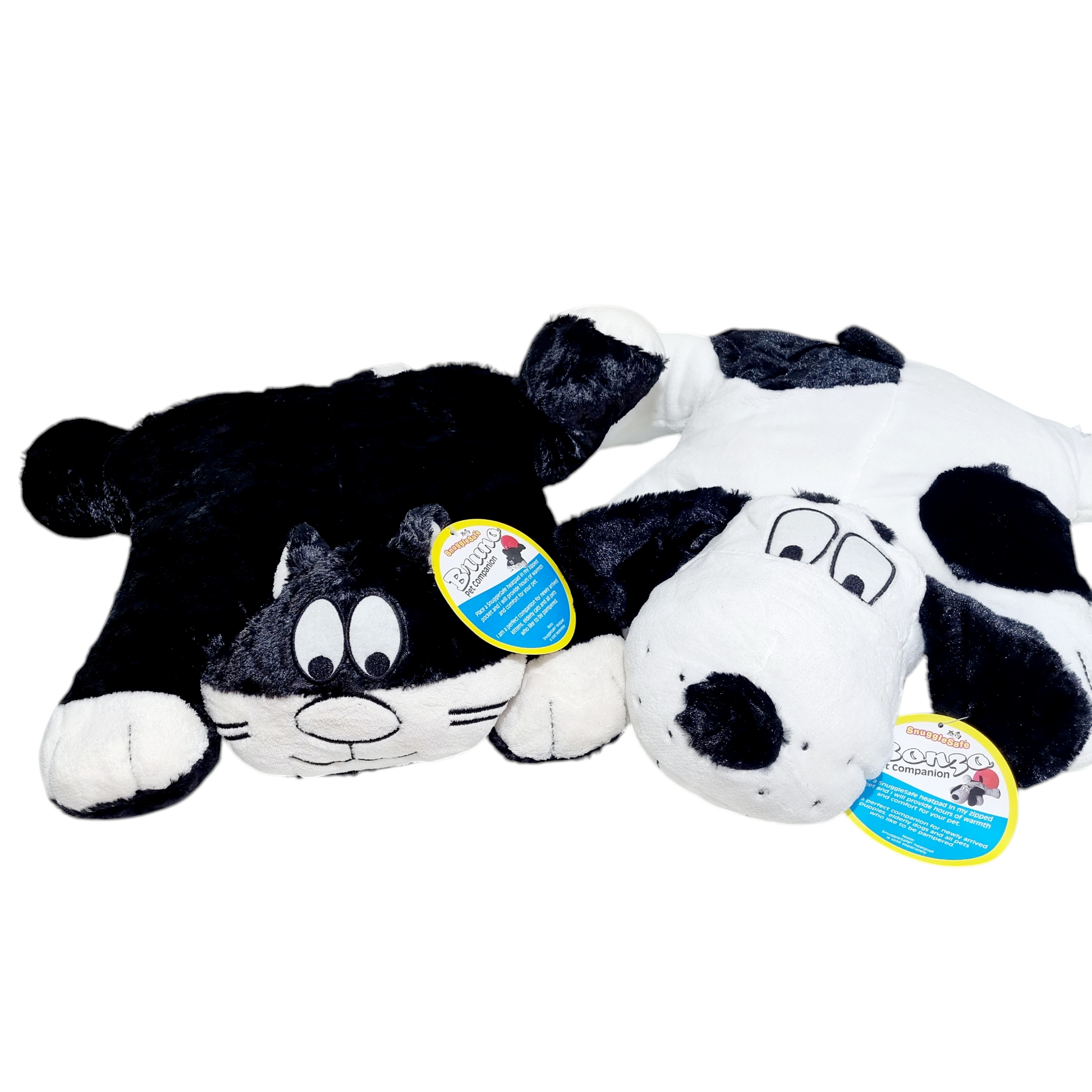 Two plush pet snugglesafe cushion covers, one designed to look like a dog and the other like a cat, both with a Velcro pocket at the back.