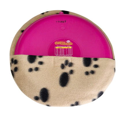 Round pet heat pad with paw print pattern cover on white background