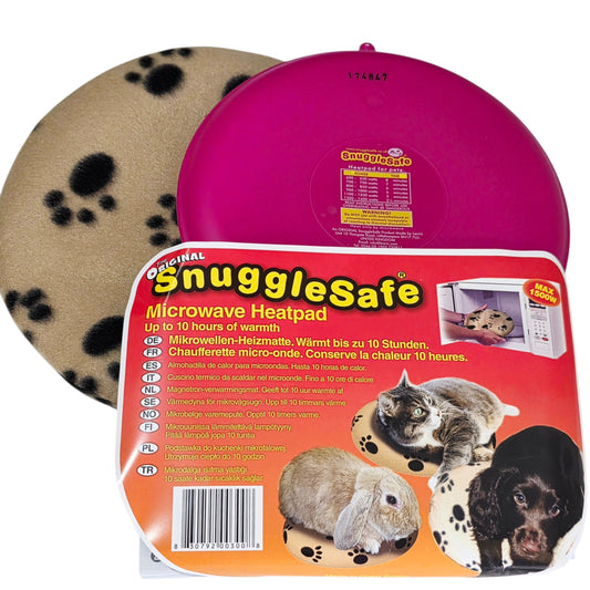 SnuggleSafe microwave heatpad packaging with images of pets and text on a white background
