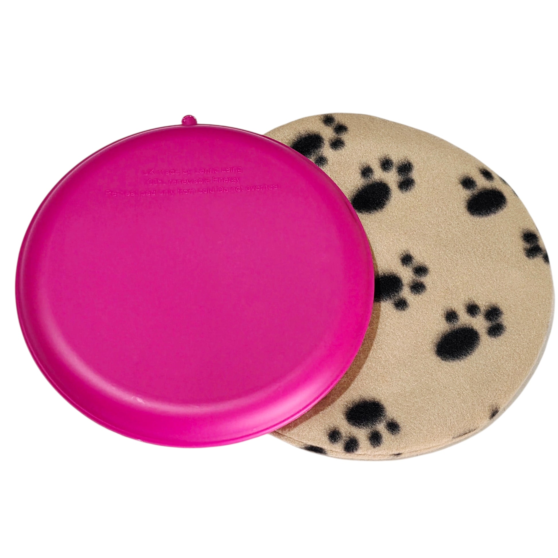 Pink snugglesafe and beige cover with black paw prints on a white background