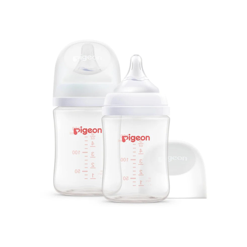 Two wide neck baby bottles with 'pigeon' branding on a white background
