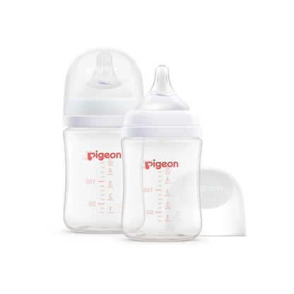 Two wide neck baby bottles with 'pigeon' branding on a white background