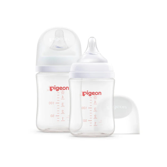Two wide neck baby bottles with 'pigeon' branding on a white background