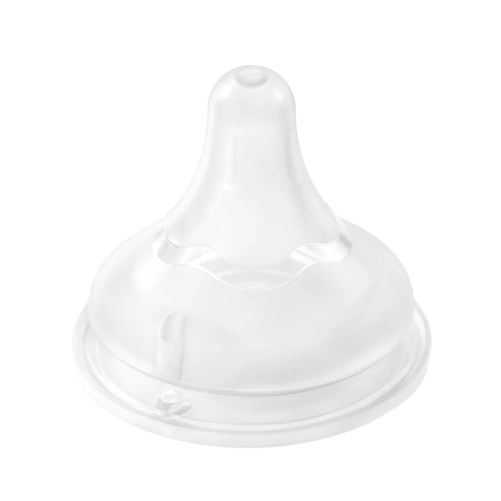 Clear silicone SofTouch wide neck baby bottle nipple on a white background