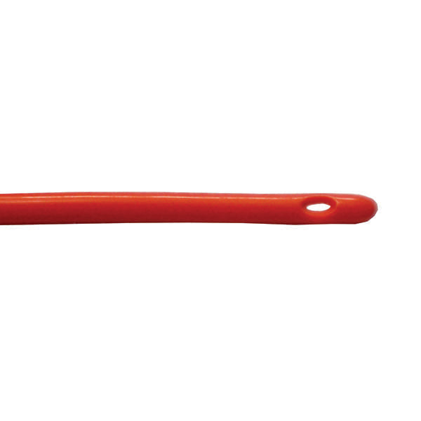 Close up of a soft rubber feeding tube tip on a white background
