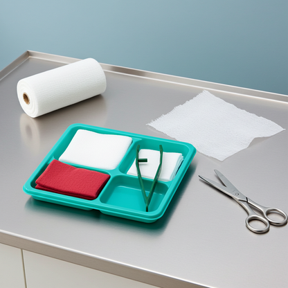 Green tray from a sterile dressing kit with compartments with forceps and swabs and scissors on a metal surface.